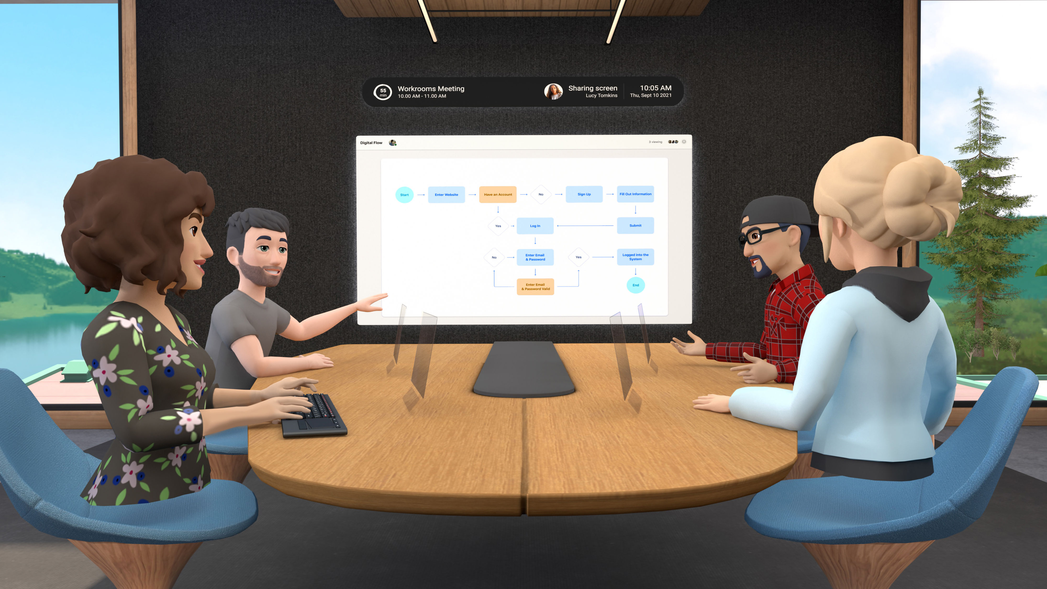An image of the Meta application, Facebook Horizon Workrooms. It shows four virtual characters having a meeting. They're seated around a desk and referring to a screen. 